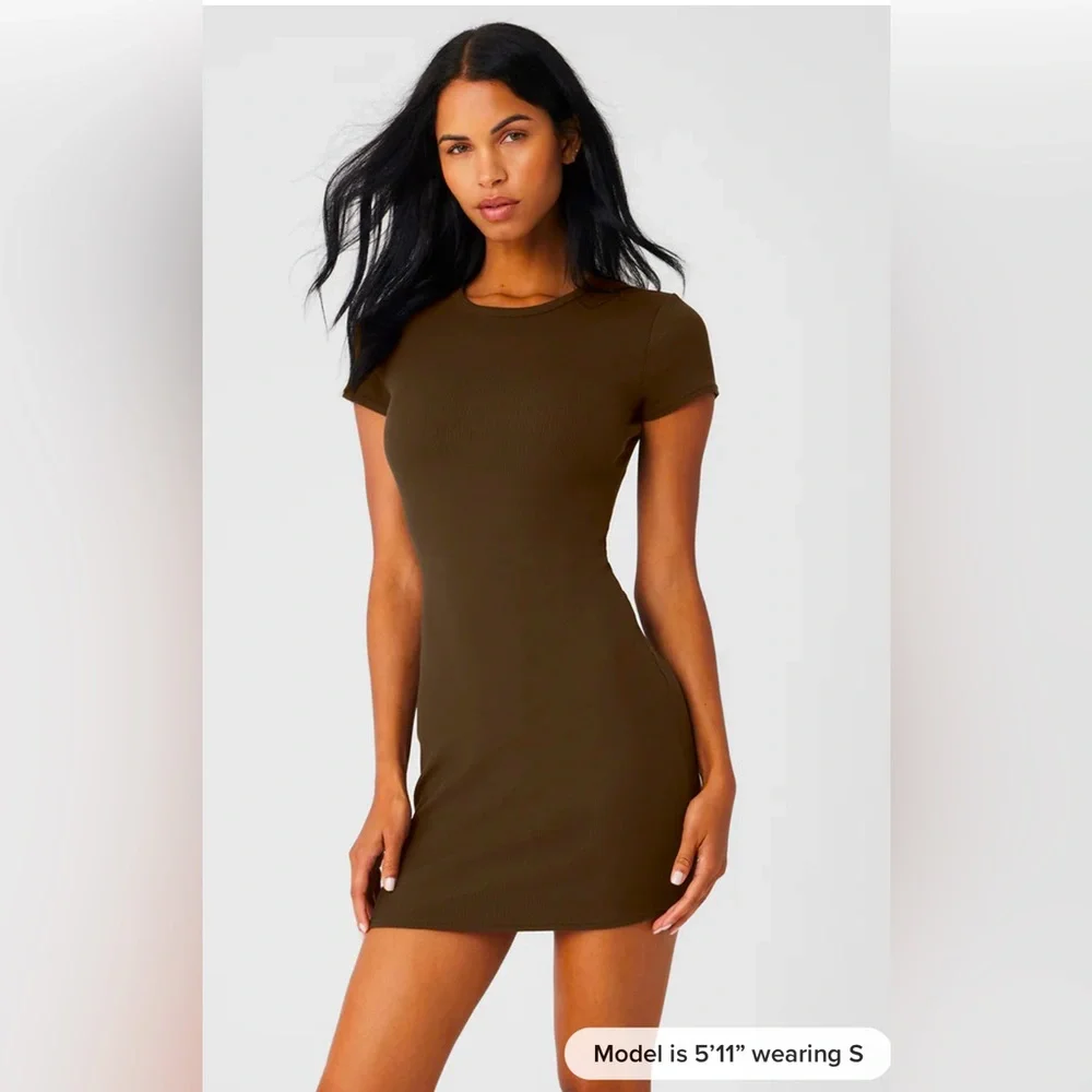 ALO GODDESS RIBBED brown SHORT SLEEVE DRESS